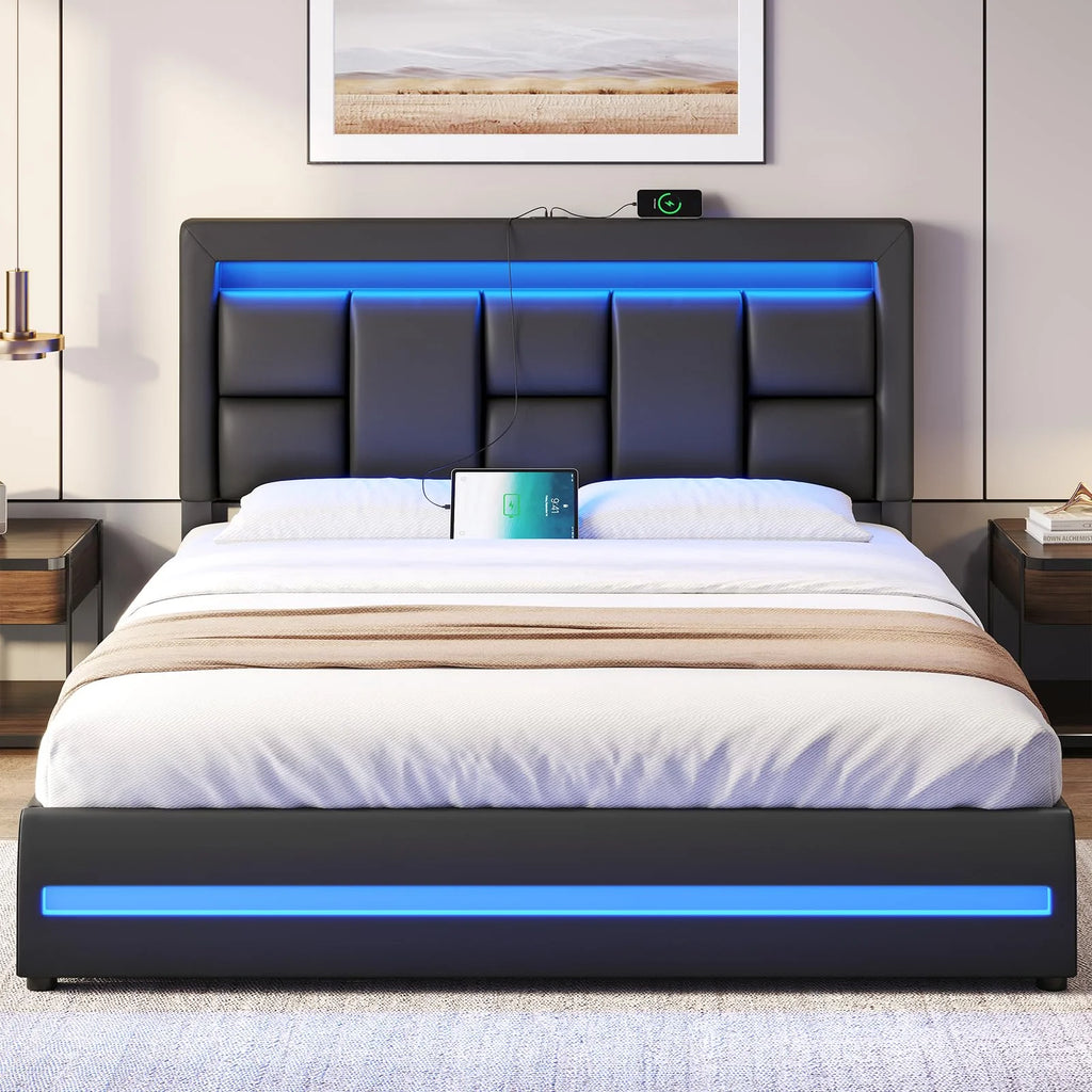 Queen Size Lift Up Storage Upholstered Platform Bed Frame with Charging Ports and LED Lights Y33100