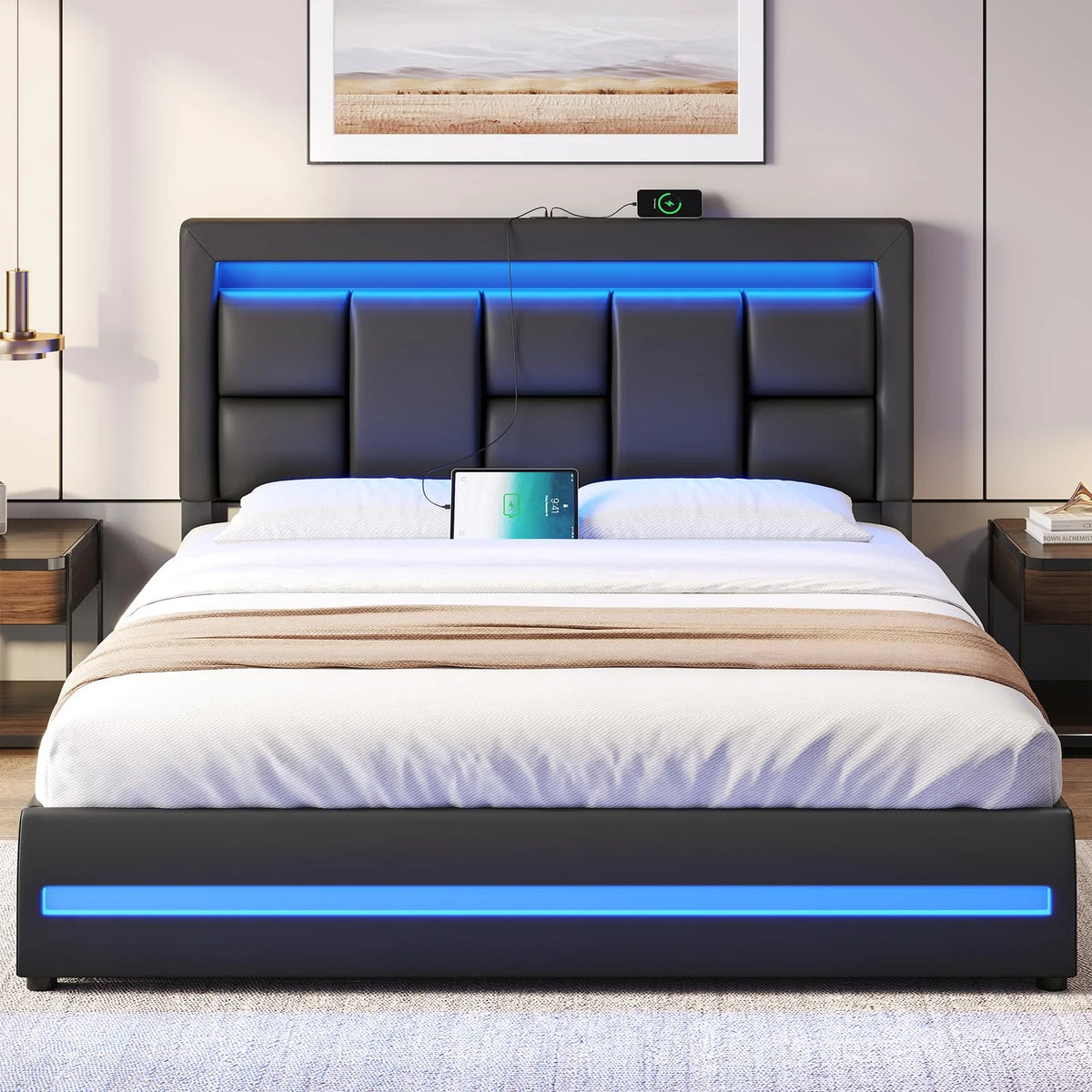 Queen Size Lift Up Storage Upholstered Platform Bed Frame with Charging Ports and LED Lights Y33100