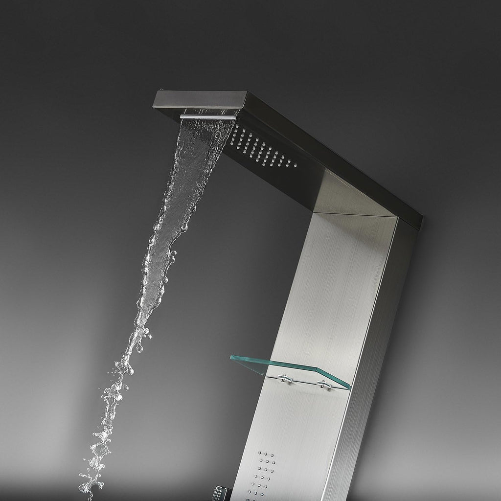 Brushed Nickle Stainless Steel Shower Panel Tower System with Rainfall Shower Head, 4 Body Jets, Waterfall Tub Spout U21016