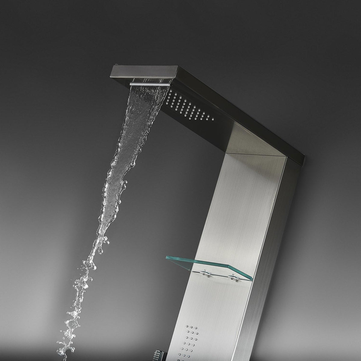 Brushed Nickle Stainless Steel Shower Panel Tower System with Rainfall Shower Head, 4 Body Jets, Waterfall Tub Spout U21016
