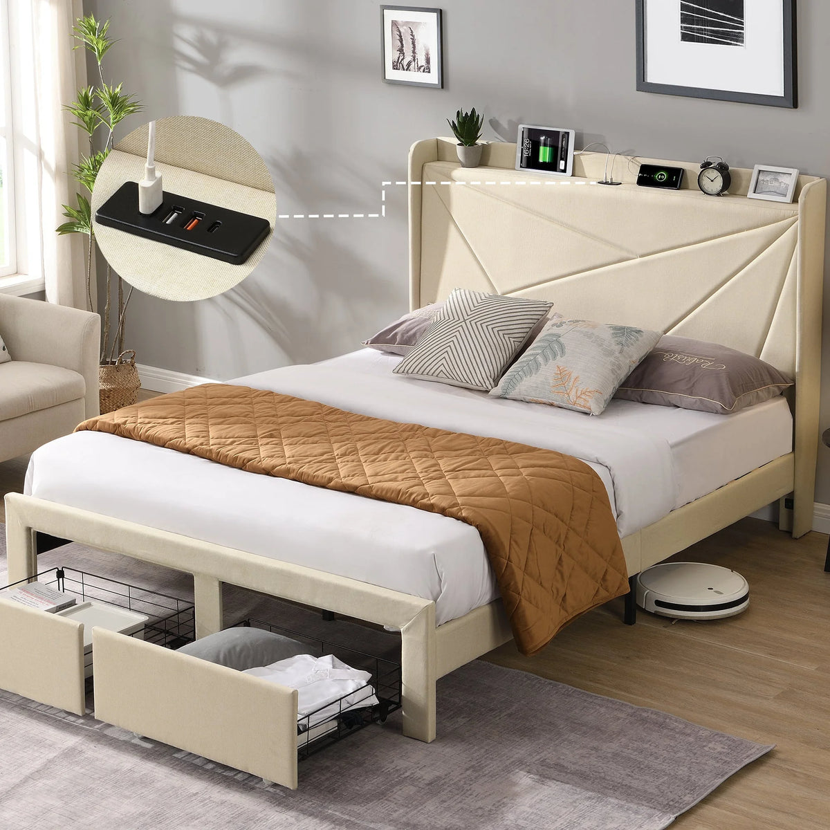 Beige Full Size Bed Frame with 2 Storage Drawers P556998