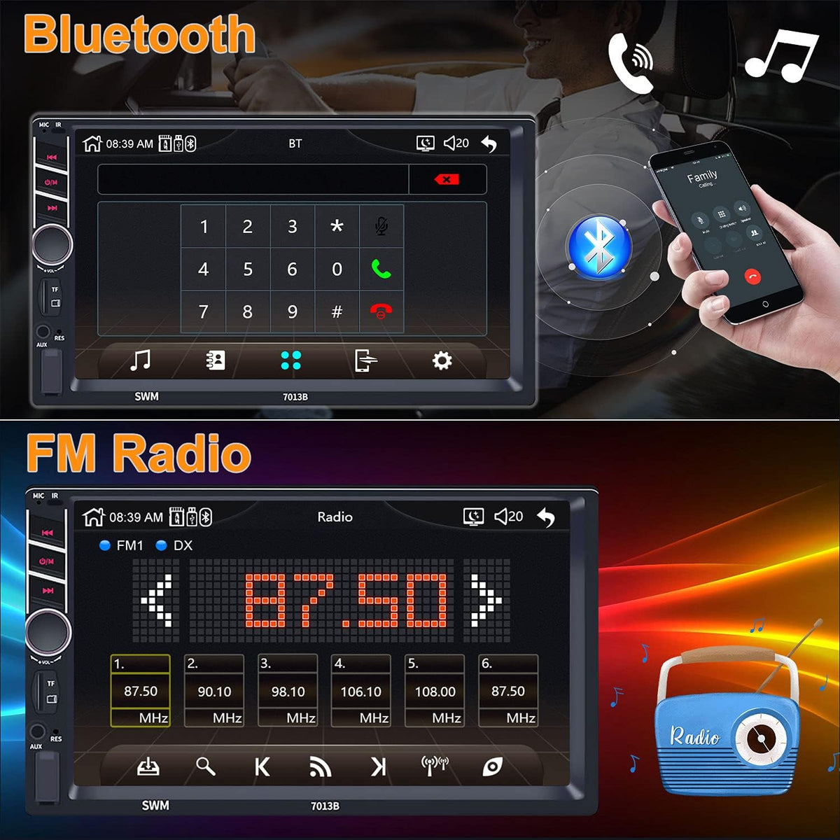 Double Din 7’’ HD Touch Screen Car Stereo with Bluetooth FM Radio Rear View Camera F108