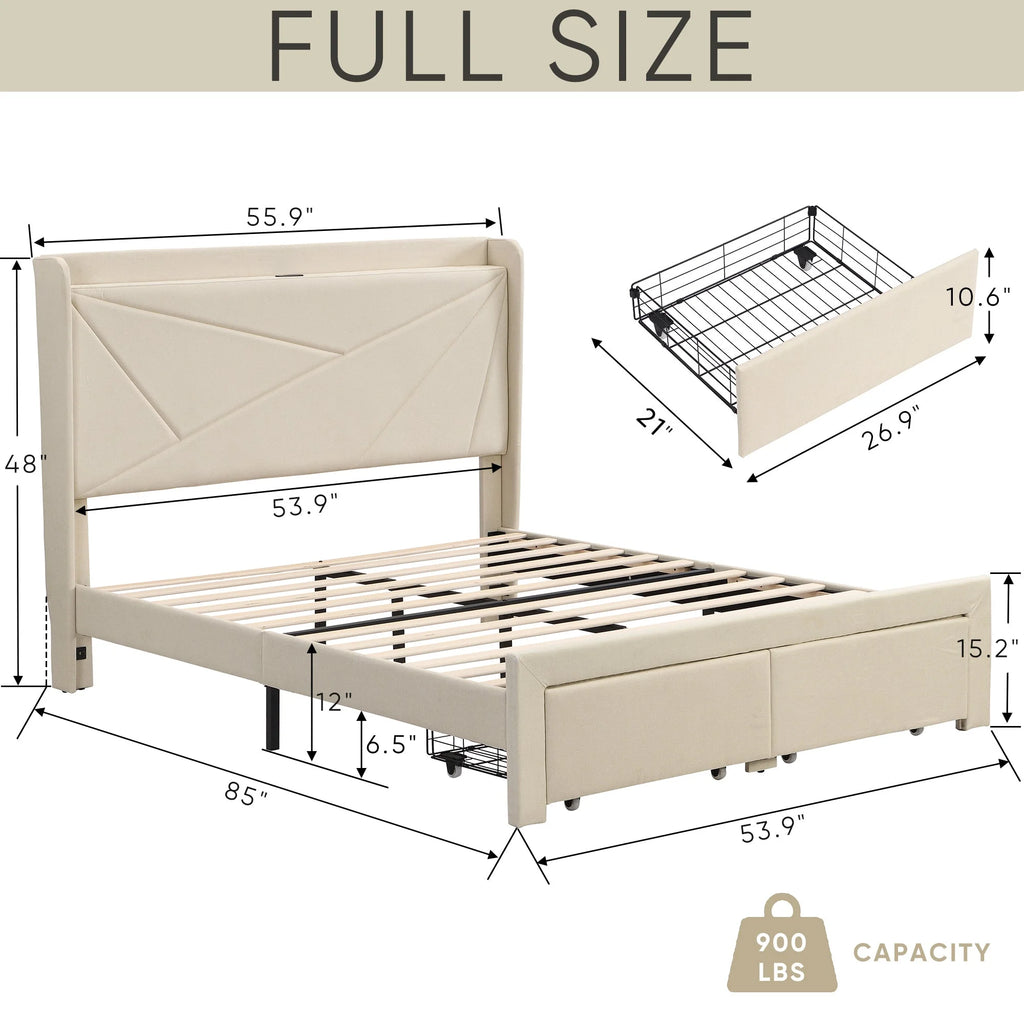 Beige Full Size Bed Frame with 2 Storage Drawers P556998