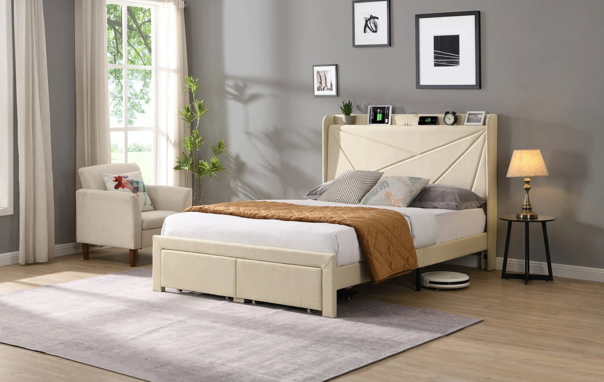Beige Full Size Bed Frame with 2 Storage Drawers P556998