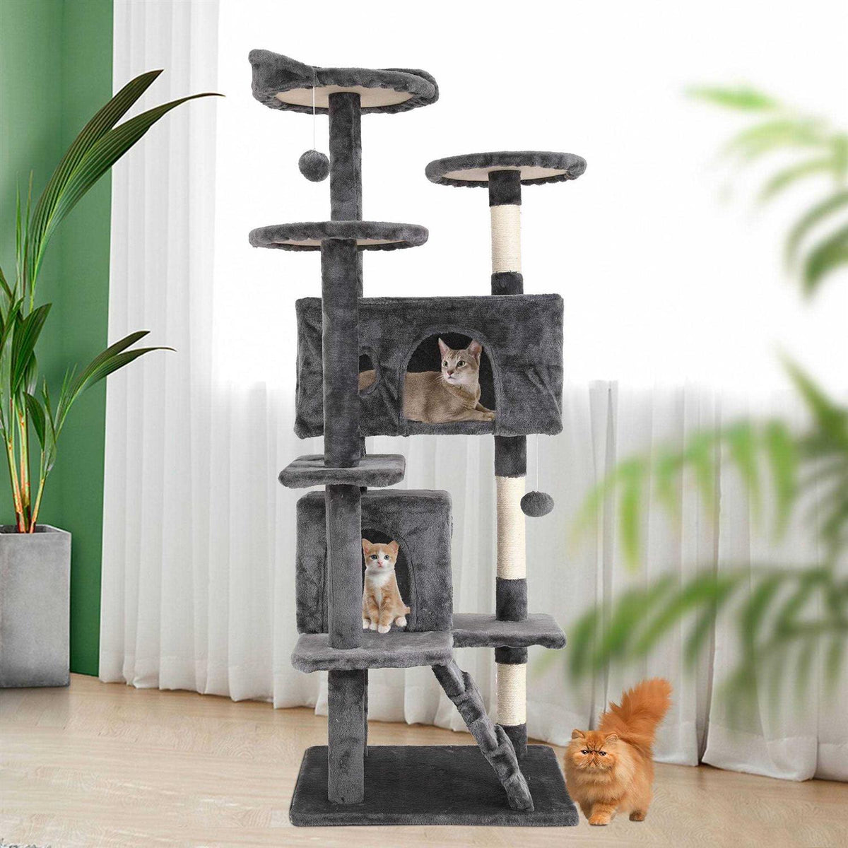 54-in Double Condo Cat Tree Tower Playhouse with Scratching Post & Perch E2760
