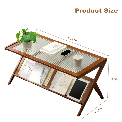 Boho Rattan Coffee Table with Glass Top & Rattan Shelf Q699