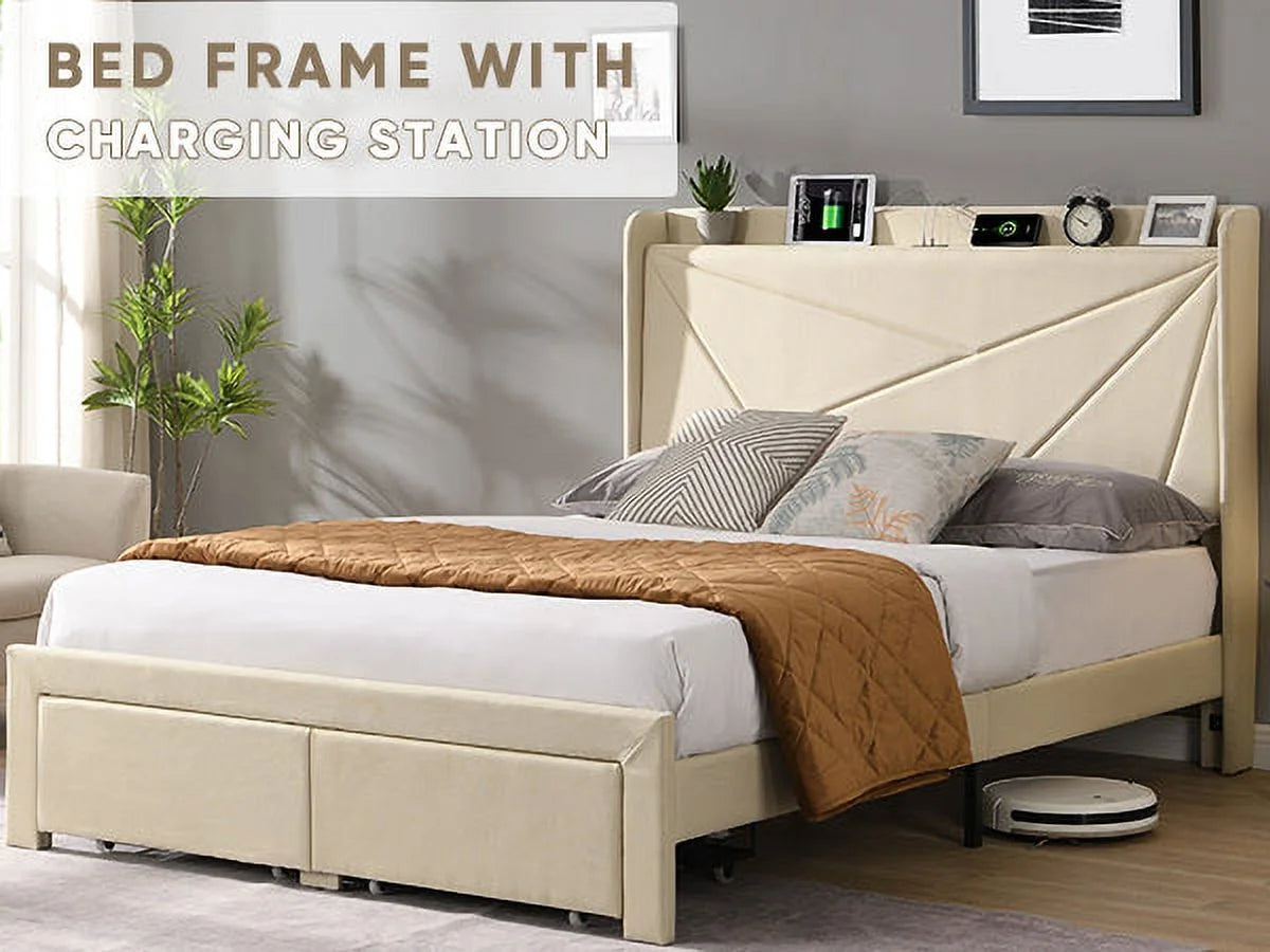 Beige Full Size Bed Frame with 2 Storage Drawers P556998