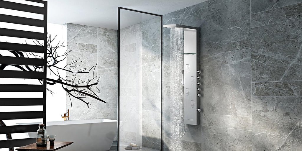 Brushed Nickle Stainless Steel Shower Panel Tower System with Rainfall Shower Head, 4 Body Jets, Waterfall Tub Spout U21016