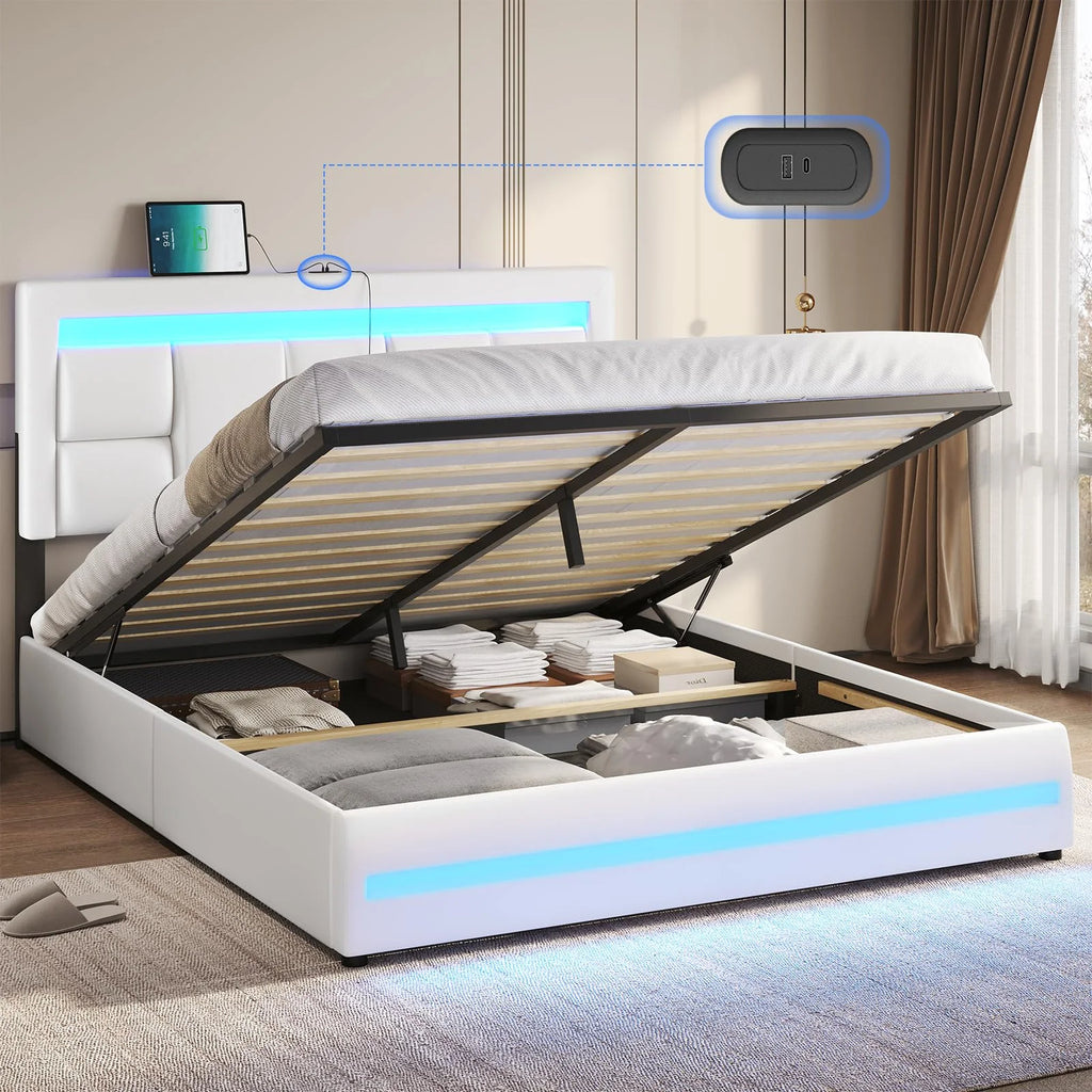 Queen Size Lift Up Storage Upholstered Platform Bed Frame with Charging Ports and LED Lights Y33100
