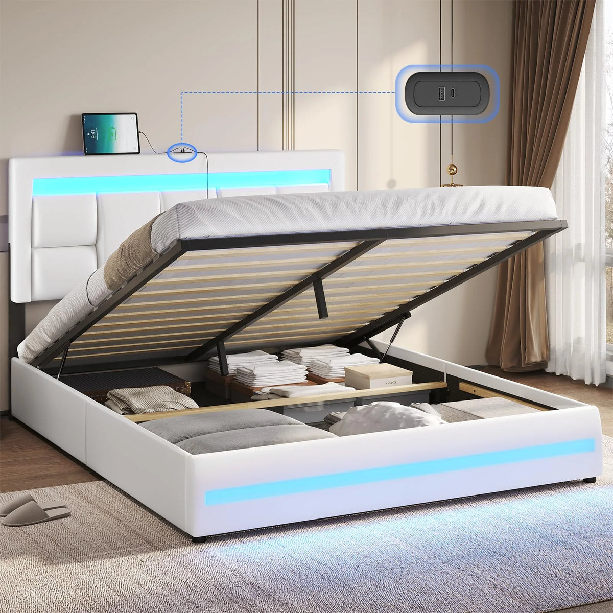 Queen Size Lift Up Storage Upholstered Platform Bed Frame with Charging Ports and LED Lights Y33100