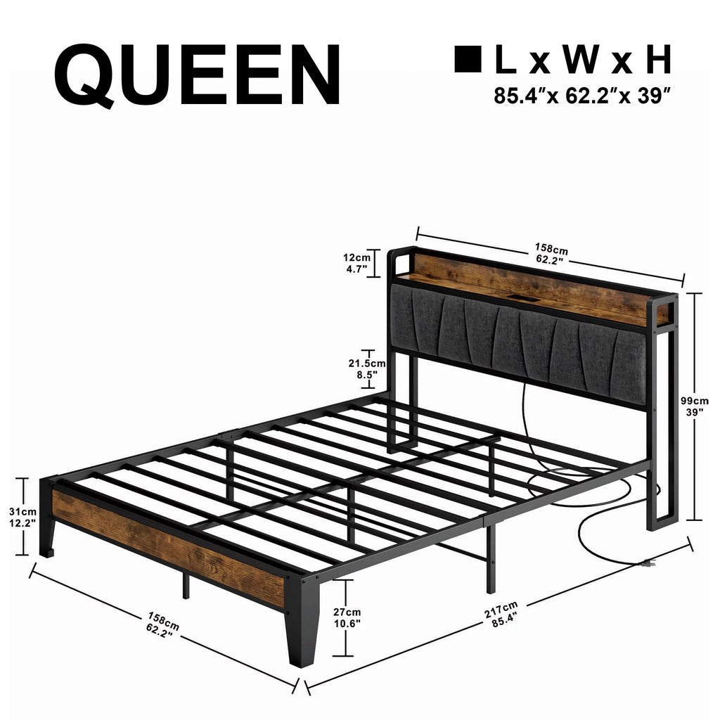Queen Bed Frame with Storage Headboard and Charging Station Z1156
