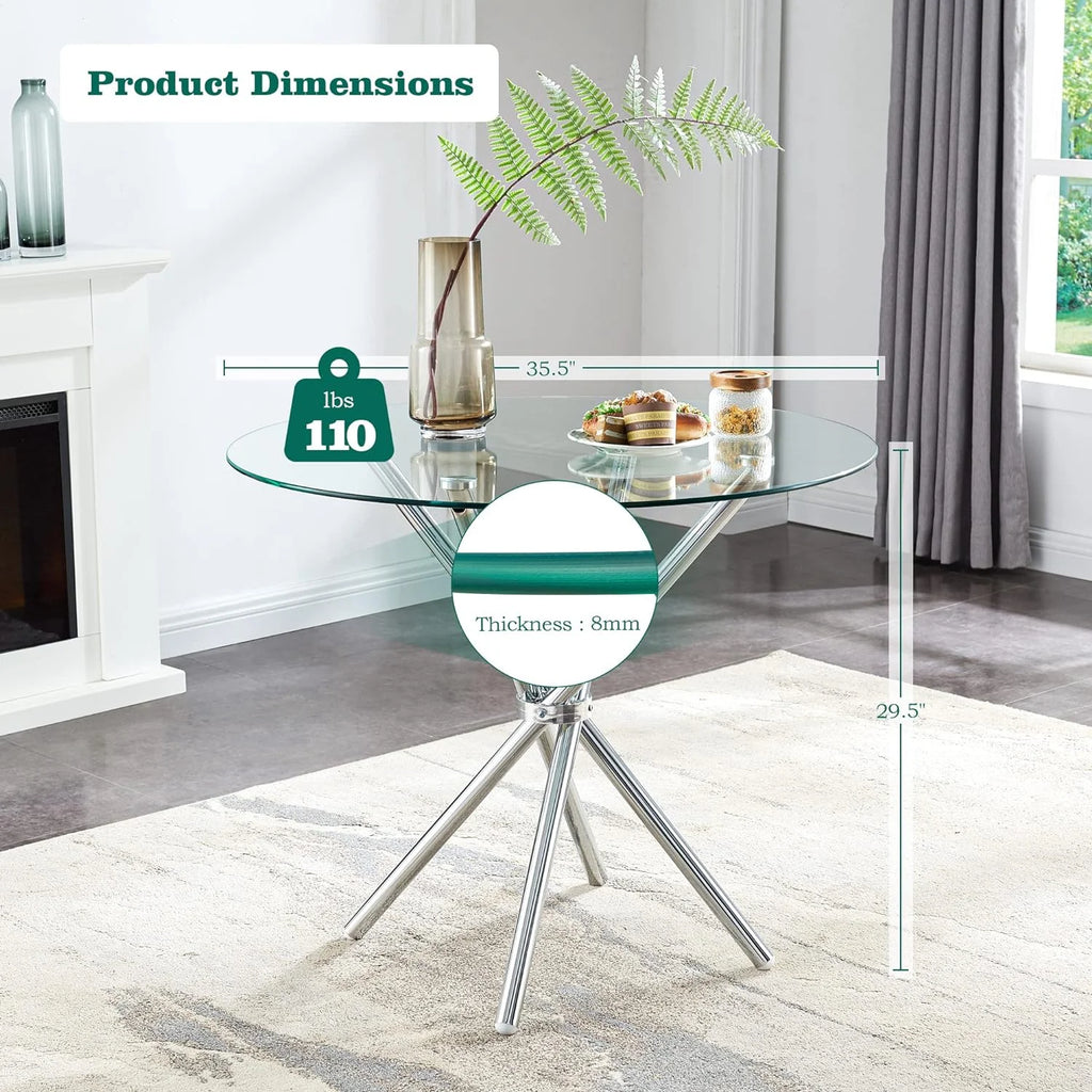 Round Glass Dining Table with Tempered Glass Top and Chrome Plated Metal Legs Y139