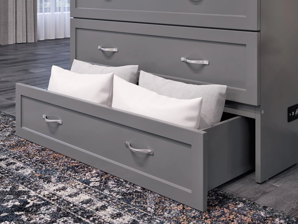 Twin XL Solid Wood Murphy Bed Chest with Mattress, Drawer & Charger, Grey W929