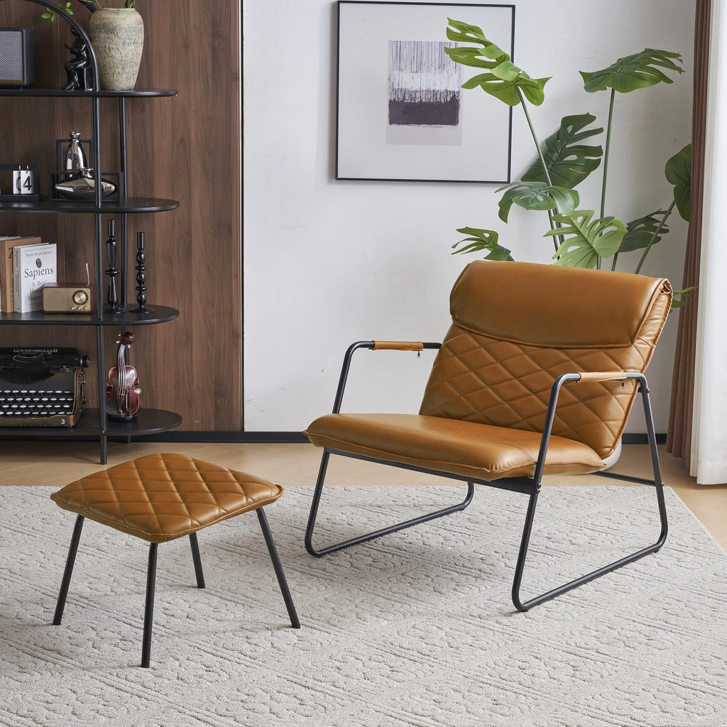 Orange Faux Leather Accent Chair with Ottoman T95661