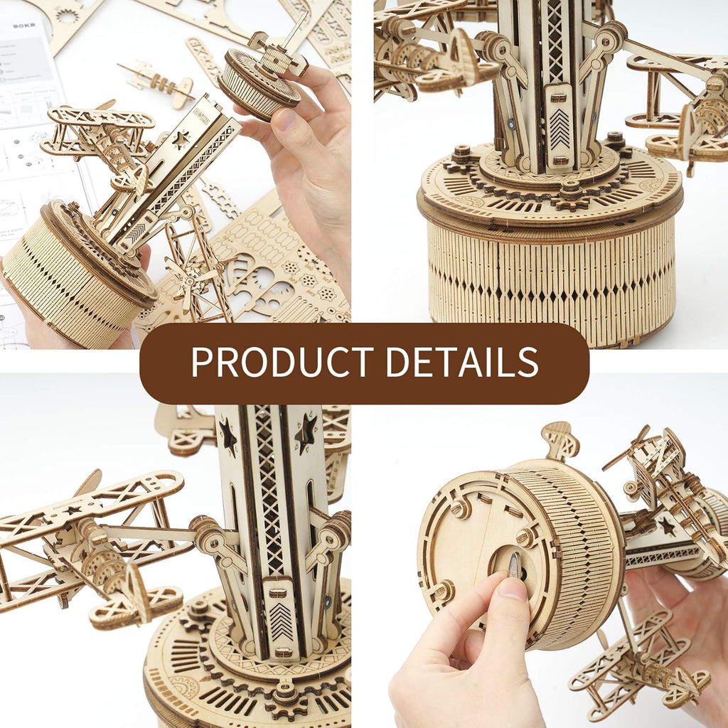 3D Wooden Puzzles Music Box DIY Model Craft Kits Mechanical Airplane-Control Tower I217287